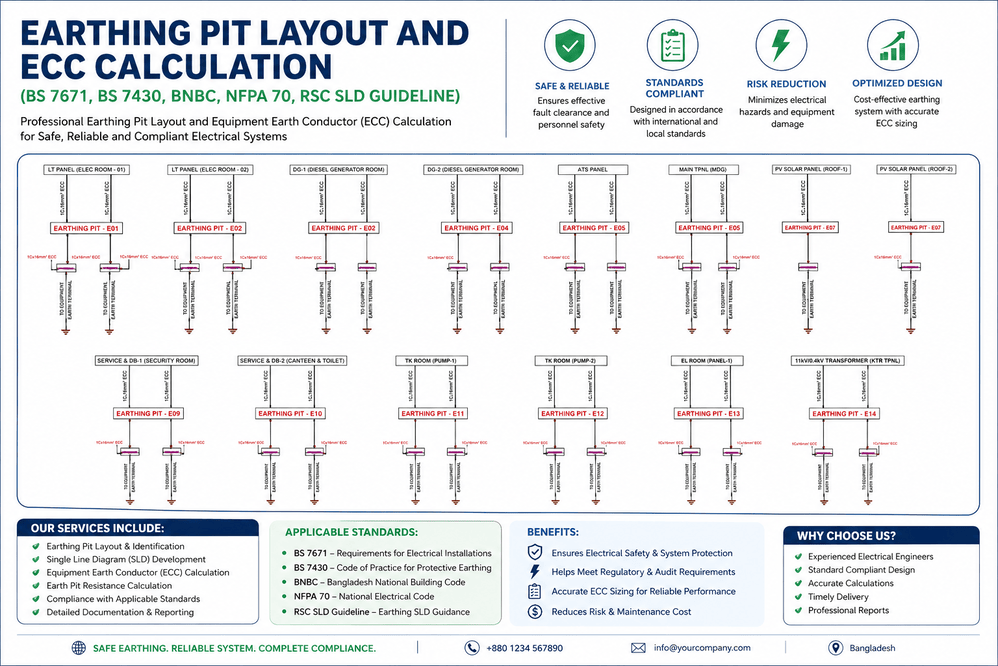 Earthing Pit Layout and ECC Calculation (BS 7671, BS 7430, BNBC, NFPA 70, RSC SLD Guideline)